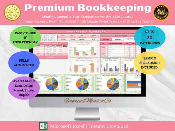 Premium Bookkeeping Spreadsheet for Excel | Profit & Loss, Sales, Finance Dashboard