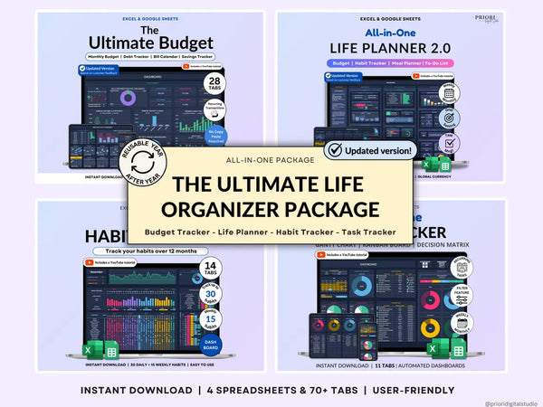 Life Planner Google Sheets Dark Mode | Budget Tracker, Habit Tracker, Organization