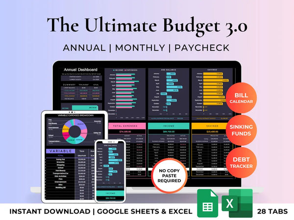 Annual Budget Tracker Spreadsheet | Dark Mode Template (Excel & Google Sheets)