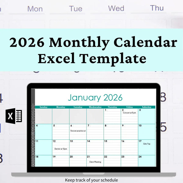 2026 Monthly Calendar Excel Template: Editable Planner